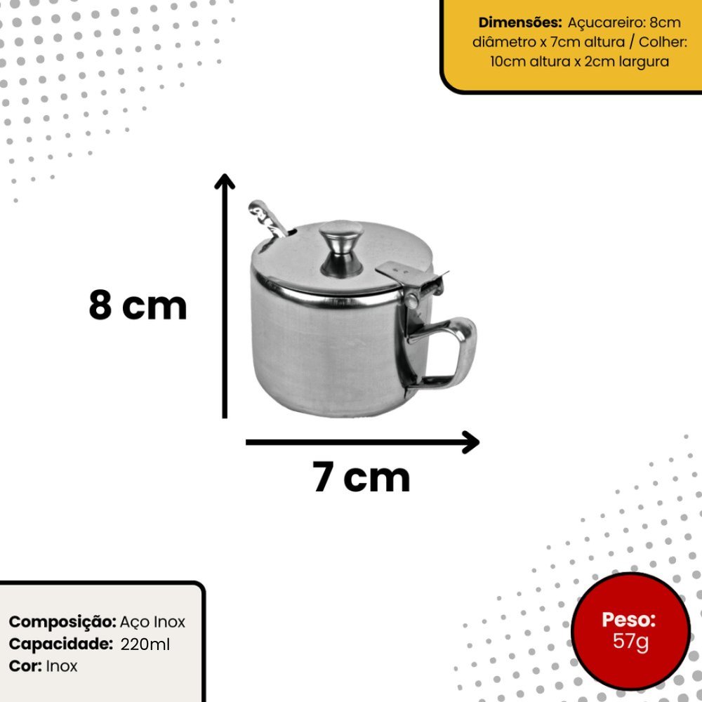 Açucareiro de aço inox com colher - 220ml